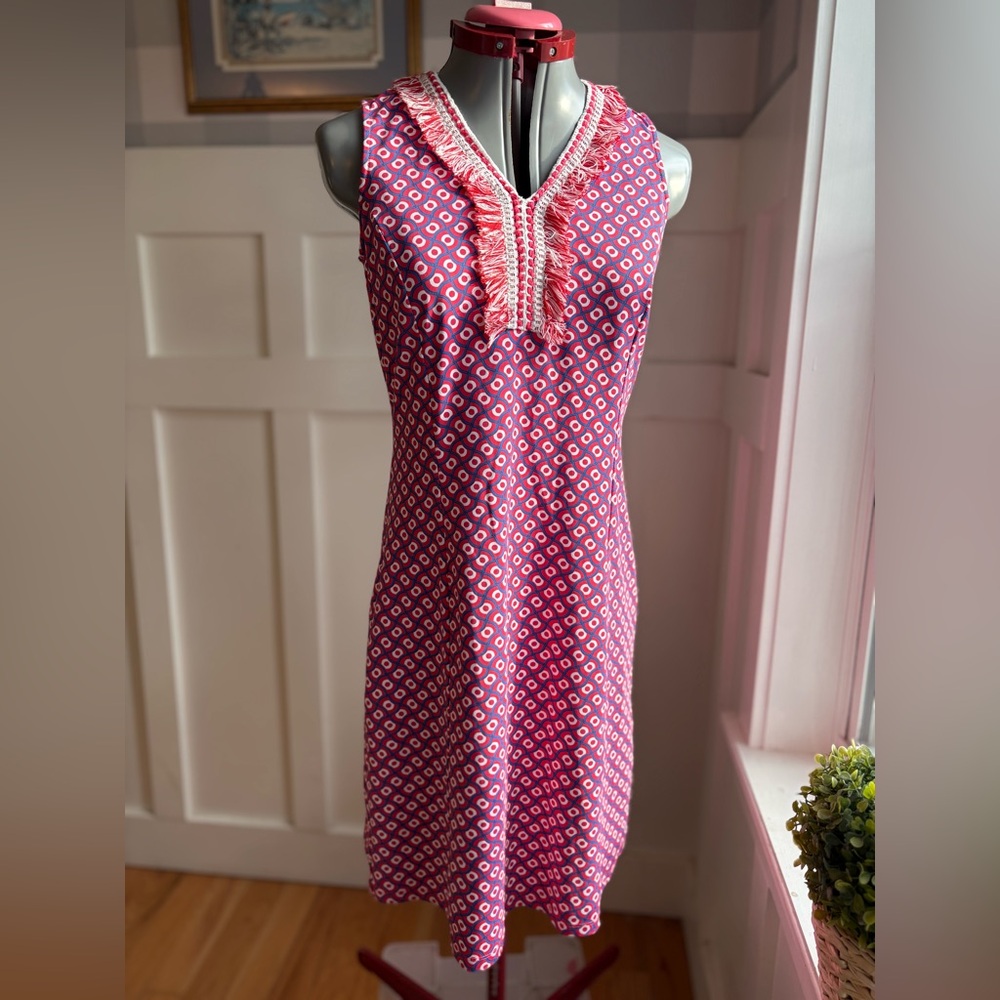J McLaughlin Sleeveless Midi Dress in Pink Geo Print with Fringe Preppy XS